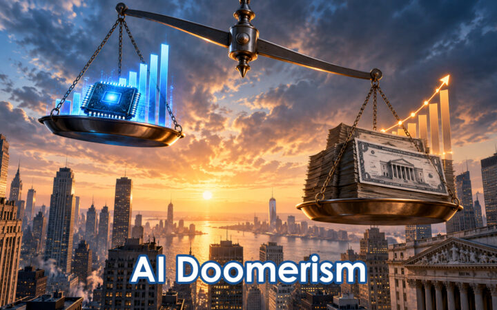 Balance scale over a sunset cityscape; AI chip and rising graphs on one side, cash on the other, captioned 'AI Doomerism'.