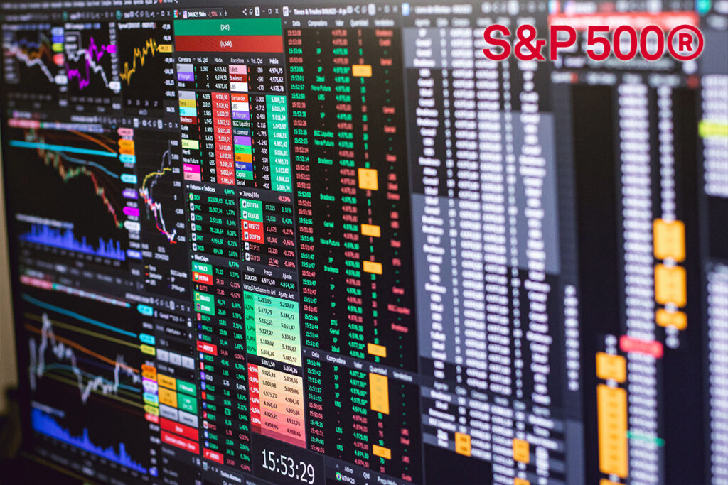 Stock market dashboards with colorful charts and numbers, S&P 500 logo in top-right corner.