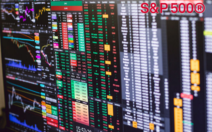Stock market dashboards with colorful charts and numbers, S&P 500 logo in top-right corner.