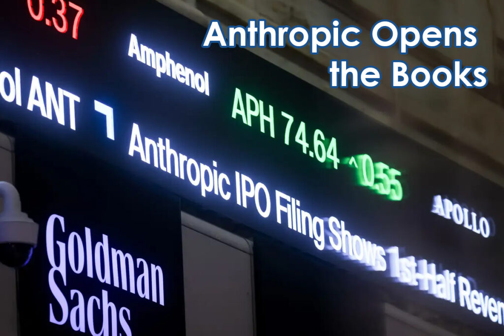 Stock ticker board showing a headline, 'Anthropic Opens the Books,' with company names like Goldman Sachs in the foreground.