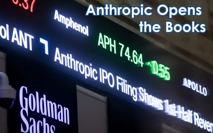 Stock ticker board showing a headline, 'Anthropic Opens the Books,' with company names like Goldman Sachs in the foreground.