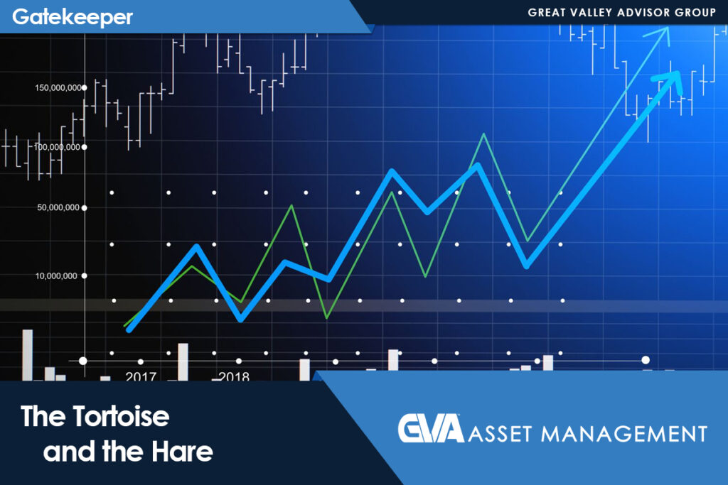 Promotional banner with stock chart lines (blue and green) and branding: Gatekeeper at top left, Great Valley Advisor Group at top right, and The Tortoise and the Hare with GVA Asset Management logo in the bottom band.